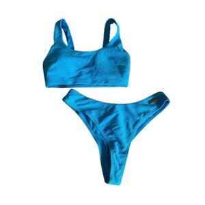 Gymshark Blue Ribbed Bikini Set Scoop Neck Top & V-Front Bottoms Size XS Blue